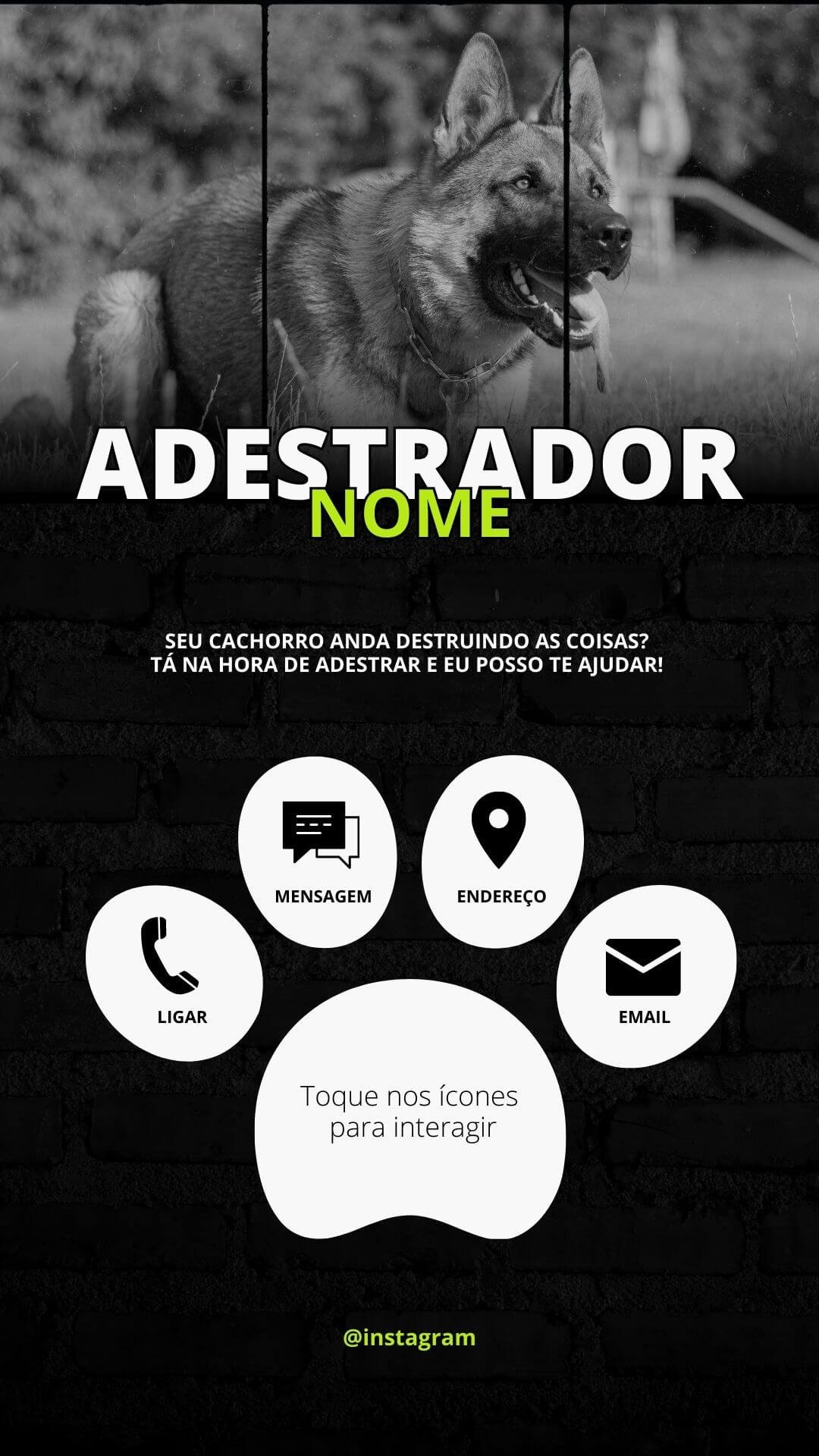 Cartão digital interativo para link na bio do instagram adestrador preto e verde